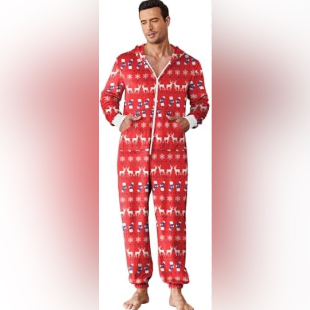 Ekouaer Unisex Holiday Red Hood Onesie PJs with Reindeers Stockings Size L NWOT